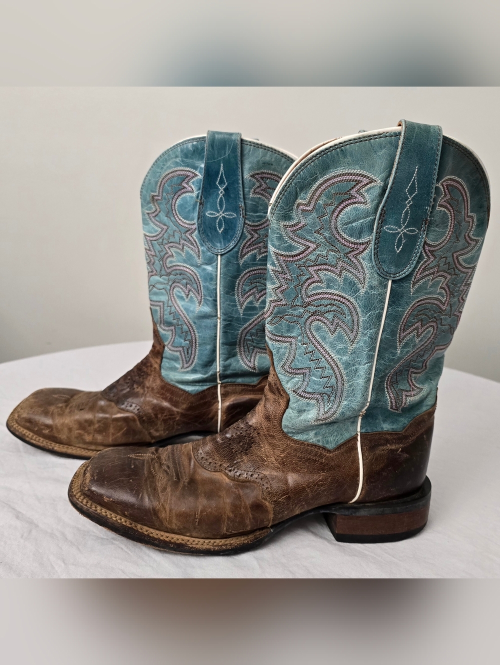 Vtg Cowboy Boot Womens Size 8.5M Dan Post Two Tone Brown Light Aqua Leather Squa